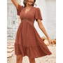 JENJON Femme Robe de Eté Col en V Elégant Pois Volants Taille Haute Manches Courtes/Longues Décontractée A-Ligne Mini Robes