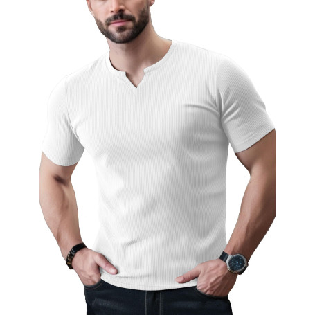 Yewloch T-Shirt à Manches Courtes pourHomme, Chemise décontractée à col en V pour,Coupe Ajustée,T-Shirt Muscle Henley élégant Lo