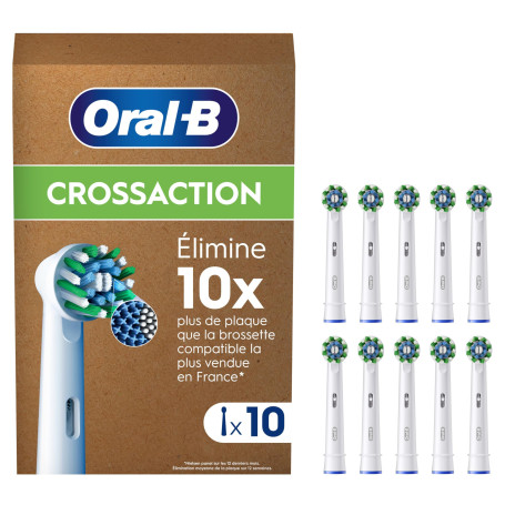 Oral-B Pro Lot De 10 Brossettes De Rechange Cross Action, AUTHENTIQUES, Blanches, Nettoyage En Profondeur, Têtes Rondes, Embouts