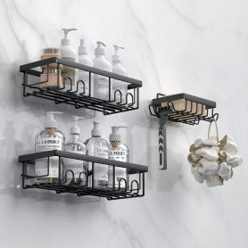 3 Pack Noir Rangement Salle de Bain, Etagere Salle de Bain, Etagere Douche Adhésifs, Rangement et Organisation avec Crochets, Do