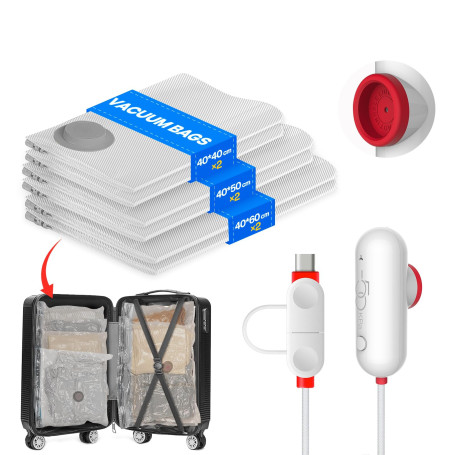 Sac Sous Vide Vetement Aspirateur avec Pompe USB, Lot de 6 Sacs de Rangement Sous Vide (2X 40*40cm, 2X 40*50cm, 2X 40*60cm), Sac