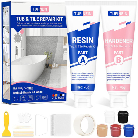 Kit Reparation Baignoire Acrylique Blanc 140g, TUFINEIN Kit Réparation Email Baignoire, Entailles, Fissures, Rayures et Trous Ki
