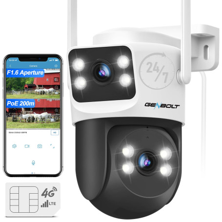 GENBOLT 4G LTE Caméra Surveillance Extérieure avec Carte Sim, Double Objectif PoE CCTV Caméra sans WiFi, Filaire 24/7 Enregistre