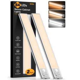 Gritin Lampe de Placard-84 LED Super Lumineuses, 26CM, 3 Couleurs&5 Luminosités, 4 Modes, Détecteur de Mouvement,Rechargeable 18