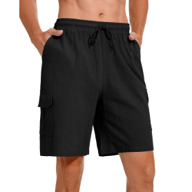 Atxnn Short Homme et Coton Lin Shorts Cargo d'été Taille Élastique Bermudas Pantalon Court Multipoche Cordon de Serrage