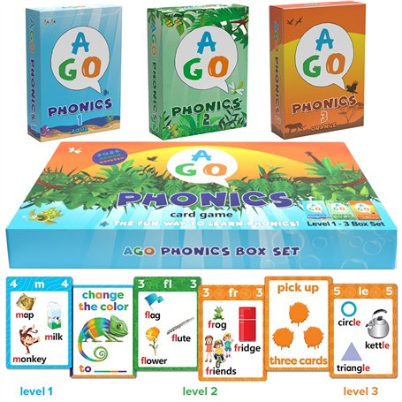 AGO Phonics: 3 Jeux de Cartes pour Apprendre l'anglais. Jeu educatif de Cartes mentales pour découvrir Le vocabulaire Anglais Co