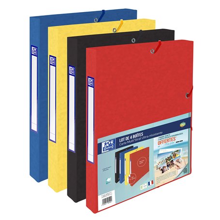 Oxford Lot De 4 Boites Capacité Standard Top File+ 24x32cm Dos 25mm avec Elastique Couverture Carte Coloris Assortis