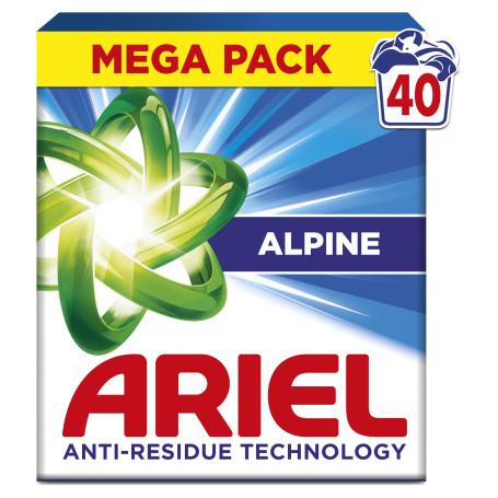 Ariel Lessive Poudre Dissolution Rapide 2.2kg, 40 Lavages, Alpine, Avec technologie anti-résidu, élimine les taches en 1 seul la
