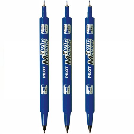 PILOT Lot de 3 Marqueurs TWIN MARKER indélibile bleue 2 pointes ogives:fine et moyenne