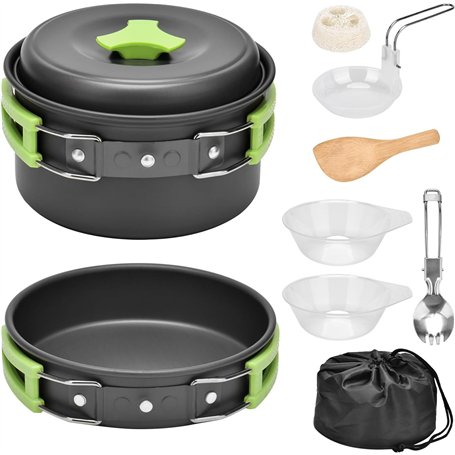 Queta 10 Pcs Cookware Casseroles Camping Poêlé en Aluminium Kit de Cuisine avec Assiette Bol Ustensiles de Cuisine pour en Campi