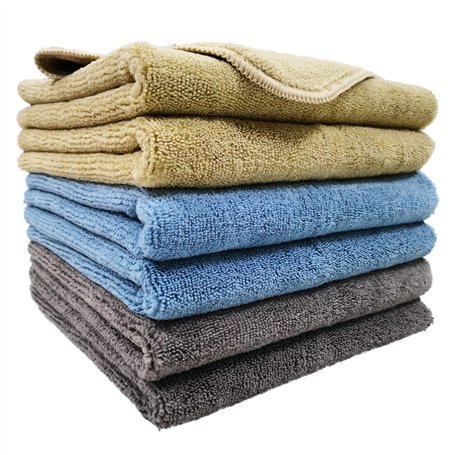 Polyte - 6 Chiffons de Nettoyage en Microfibres - qualité Professionnelle - Bleu/Camel/Gris - 41 x 61 cm
