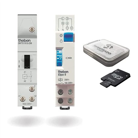 Paquet combiné – Theben Okto S12-230 (3120120) Télérupteur + ELPA 8 (0080804) Minuterie d'escalier électromécanique + Carte Micr