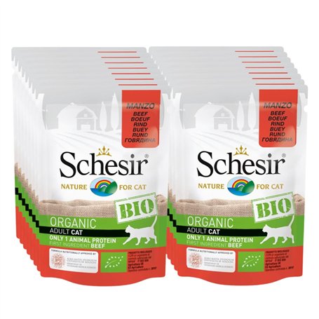 Schesir Cat Bio - Boeuf monoprotéiné - Nourriture Humide pour Chat - 16 sachets x 85 g