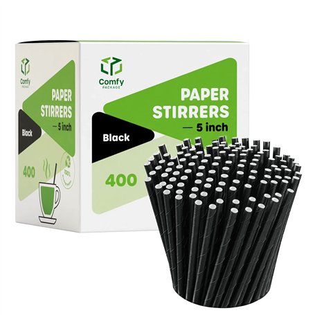 Comfy Package [Lot de 400] Pailles/Touillettes en papier - 100 % biodégradable - pour cocktails/café - noir