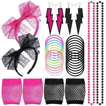 Kulannder Femmes 80s Neon Lace Bracelet Boucles d'oreilles Gants en Résille Collier Bracelet pour Retro Fashion Années 80 Costum