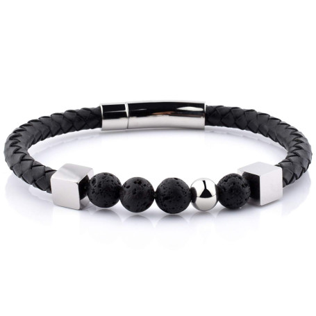 Planetys - Bracelet Cuir - Bracelet Pierres Naturelles Perles de Pierre de Lave en Cuir Noir Tressé et Acier 316L