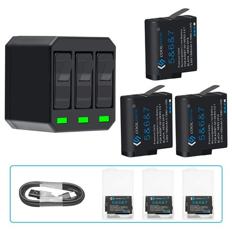COOLSHOW Hero 7 6 5 Batterie 1500mAh (3 pièces) et Triple Hero 7 Chargeur Set Compatible avec GoPro Hero 7 Black