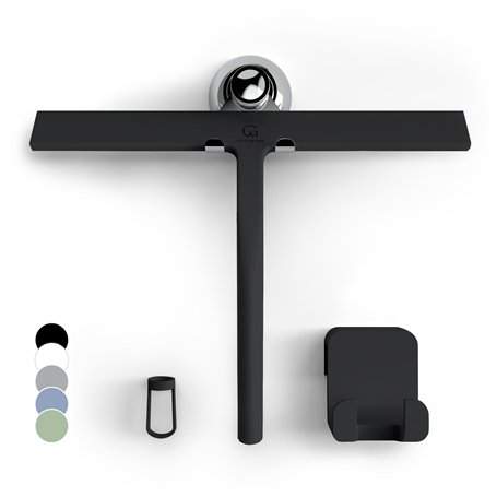 GÜTEWERK Raclette de Douche avec Support - Noir - 28 cm de Large - sans perçage - Raclette en Silicone pour Douche