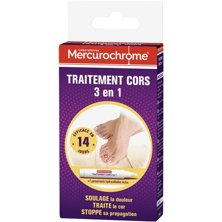 MERCUROCHROME - Traitement Cors 3 en 1 - Efficace en 14 Jours - Contient 1 Stylo + 7 Pansements Hydrocolloides