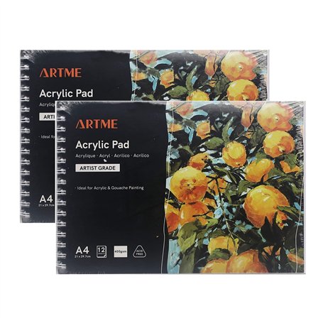 ARTME Lot de 2 blocs de papier acrylique A4 paysage x 12 feuilles/400 g/m² extra lourd/pressé à froid/sans acide