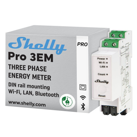 Shelly Pro 3EM - Compteur électrique triphasé connecté 120 A, LAN, Wi-Fi, Montage sur Rail DIN, Compatible avec MODBUS, Stockage