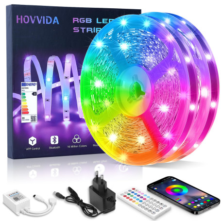 HOVVIDA Ruban LED 20M, 30 LED/Mètre, 24V RVB Bande LED, 600 LED, APP et Télécommande, Synchronisation de la Musique, Mode Minute