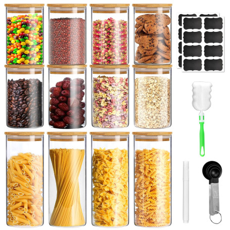 12pcs Bocal en Verre avec Couvercle,Bocal en Verre avec Couvercle Bocaux en Verre Hermétique Pour Céréales,Cornflakes,Spaghetti-