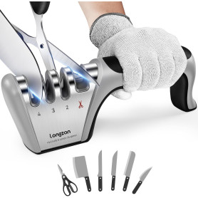 longzon Aiguiseur Couteaux, 4 en 1 Affuteur Couteau Professionnel avec une paire de Gants Anti-coupure, eguiseur de couteau pour