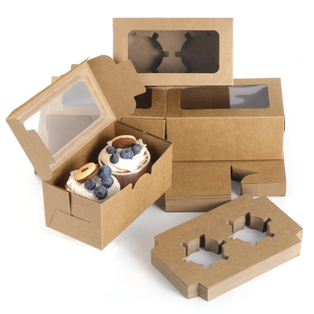 Fippy Lot de 50 Boîtes à Cupcakes 2 trous avec Fenêtre, Boîte à Muffins à Cupcakes, Boîtes a Gateau en Carton Petits Gâteaux Boî