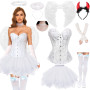 YeahBoom Deguisement Ange Femme,corset gothique et jupe en tulle,costume d'ange et d'aile de diable,serre-tête d'ange,cornes de 