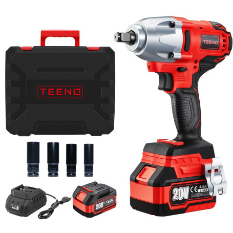 TEENO Clé à Chocs Sans Fil Brushless 1/2" 600Nm 20 V avec 4000mAh Batterie,Boulonneuse a Choc avec 4 Douilles à Chocs(17/19/21/2