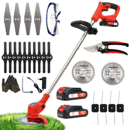 Debroussailleuse Electrique sans Fil, Débroussailleuse à Gazon Pliable avec 2 Batteries et 4 Types de Lames, Poignée réglable, C