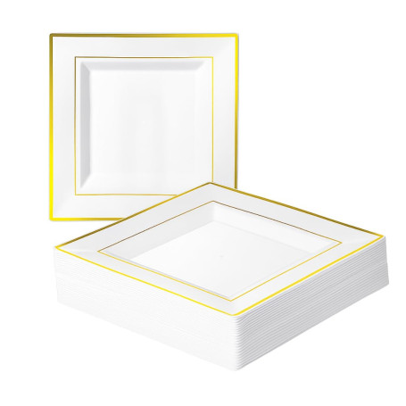 MATANA 20 Assiettes Carrées en Plastique Blanches avec Bordure Dorée, 24cm - Solides et Réutilisables - pour Anniversaires, Mari