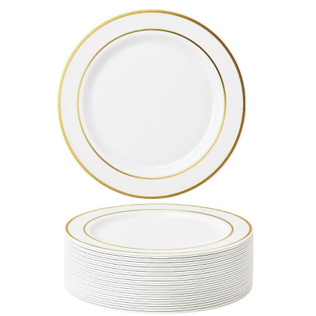 MATANA 25 Assiettes en Plastique Blanc Premium avec Bordure Dorée (26cm) - Assiettes Blanches Solides, Réutilisables et Élégante