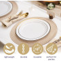 MATANA 25 Assiettes en Plastique Blanc Premium avec Bordure Dorée (26cm) - Assiettes Blanches Solides, Réutilisables et Élégante