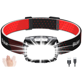 Blukar Lampe Frontale Rechargeable, 2000LM Super Lumineux Léger Torche Frontale LED Puissante avec Voyant Rouge,8 Modes d'Éclair