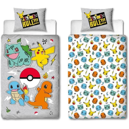 Parure de lit réversible - POKEMON - Pikachu et Starter - Gris - Microfibre - 1 housse de couette 140 x 200 cm + 1 taie 63 x 63