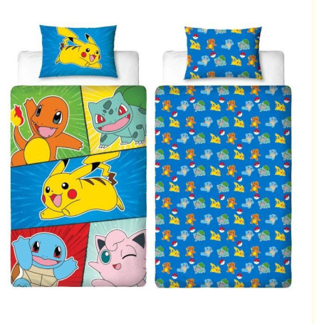 Parure de lit - POKEMON - Pikachu et Starter 1G V - Microfibre - 1 housse de couette 140 x 200 cm + 1 taie 63 x 63 cm