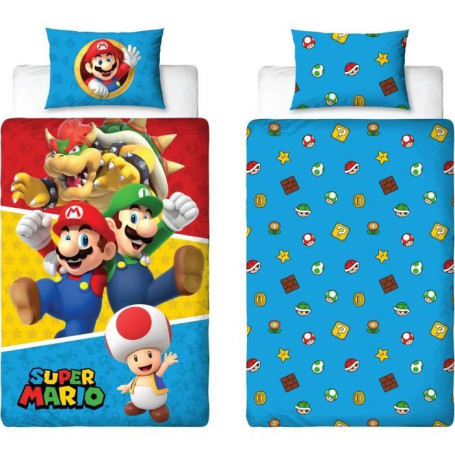 Parure de lit réversible - MARIO BROS - Mario et ses amis IV - Microfibre - 1 housse de couette 140 x 200 cm + 1 taie 63 x 63 cm