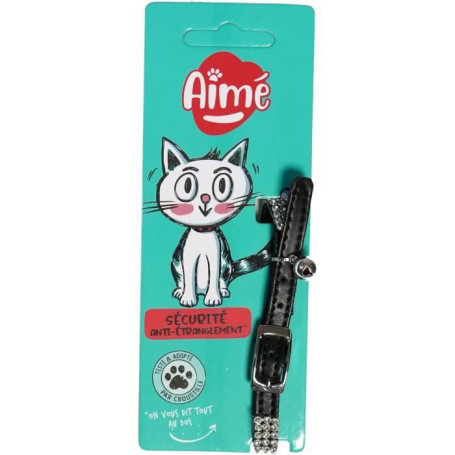 Collier pour chat - AIME - Ajustable 18-28 cm - Nylon avec grelot en argent - Noir strass
