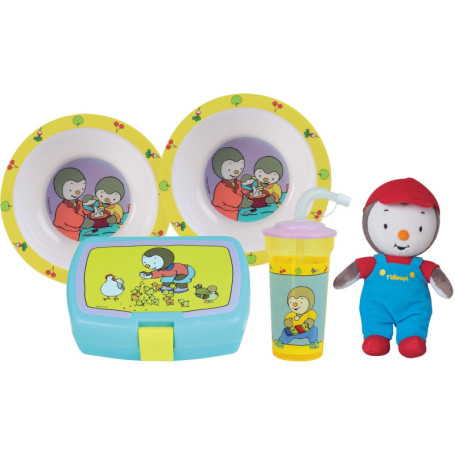 Lot vaisselle - FUN HOUSE - T'CHOUPI - 2 assiettes creuses Ø 16 cm, boîte a goûter, gourde paille et peluche 18 cm