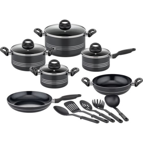 Batterie de cuisine - Induction - GSW - MILANO NERO - 15 pieces - Aluminium massif - Noir