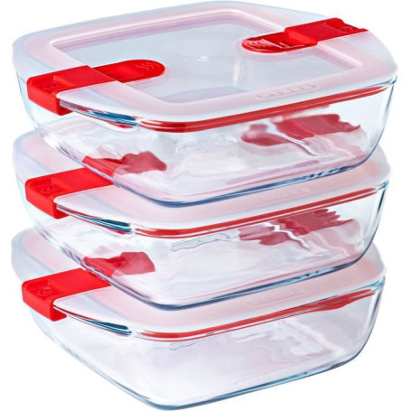Lot de 3 lunch box - PYREX - Cook & Heat - Verre - Carré - Couvercle a valves vapeur spécial micro-onde - 1 L