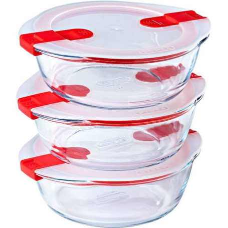 Lot de 3 lunch box - PYREX - Cook & Heat - Verre - Rond - Couvercle a valves vapeur spécial micro-onde - 1,1 L
