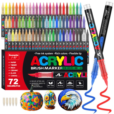 Funnasting 72 Couleurs Feutre Acrylique, Tête de Brosse Douce Marqueur Peinture Acrylique pour Coloriage, Verre, Tissu, Oeuf, Pé