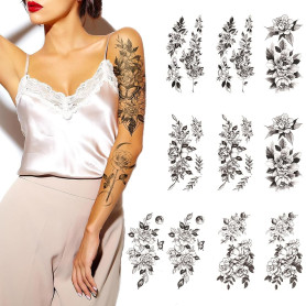 10 autocollants de tatouage de fleur, tatouage temporaire grande fleur autocollant féminin réaliste de rose noire, femme sexy pa