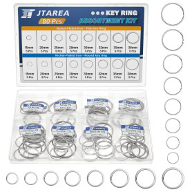 JTAREA 2Types 80Pièces Anneau Porte Clé Assortiment Kit 8Tailles 15mm 20mm 25mm 28mm 30mm 32mm 35mm 38mm Porte-Clés Rond Anneaux