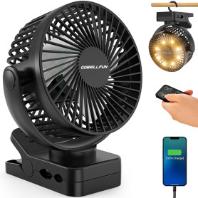 GOBRILLFUN Ventilateur à pince de 15,2 cm (6 pouces) 12000 mAh avec télécommande, rechargeable par USB avec lumières LED, 3 vite