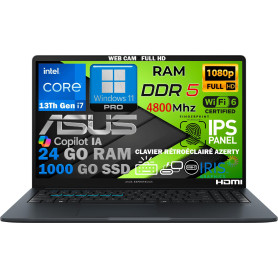 ASUS Ordinateur Portable Intel Core i7 13ᵉ Gén 10 Cœurs, RAM 24Go DDR5, SSD 1To, Écran 15.6" FHD IPS, WiFi 6E, Copilot IA, Webca ASUS Ordinateur Portable Intel Core i7 13ᵉ Gén 10 Cœurs, RAM 24Go DDR5, SSD 1To, Écran 15.6" FHD IPS, WiFi 6E, Copilot IA, Webca