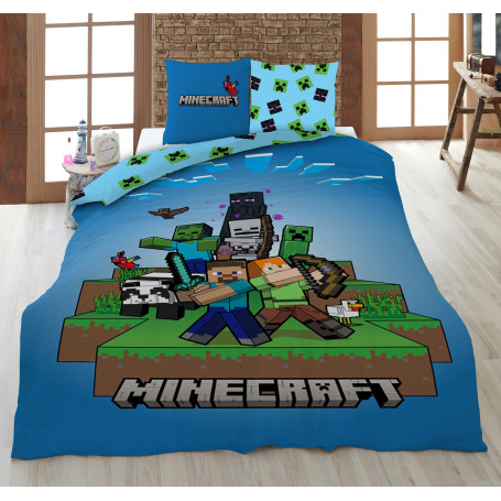 Parure de Lit Réversible Minecraft Ready to Survive, Housse de Couette 140x200 cm + Taie d'oreiller 63x63 cm